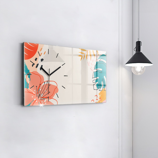 Glass wall clock rectangular Hawaiian plants