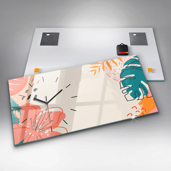 Glass wall clock rectangular Hawaiian plants