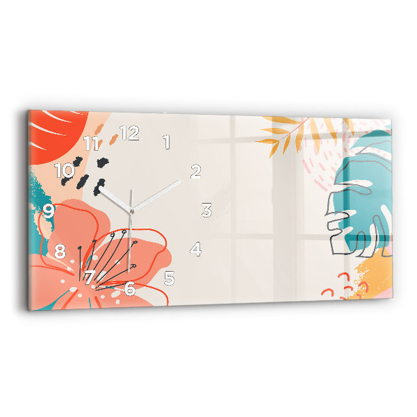 Glass wall clock rectangular Hawaiian plants
