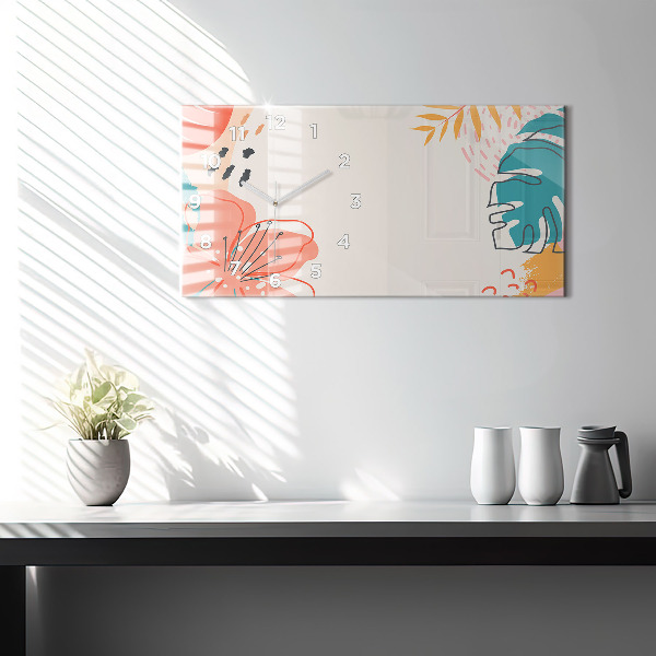 Glass wall clock rectangular Hawaiian plants