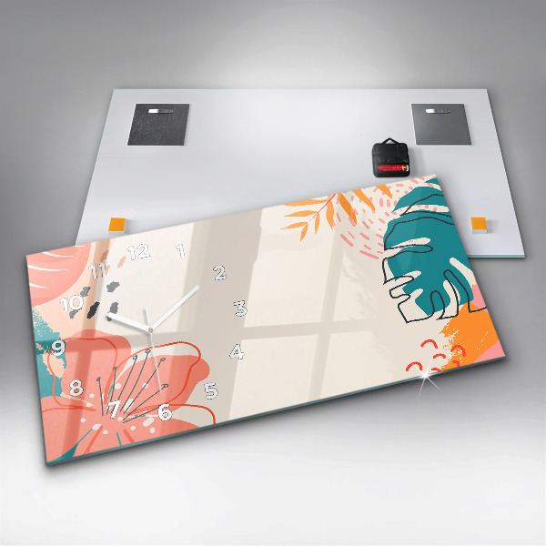 Glass wall clock rectangular Hawaiian plants