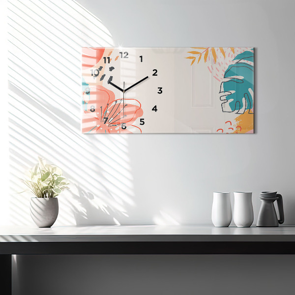 Glass wall clock rectangular Hawaiian plants