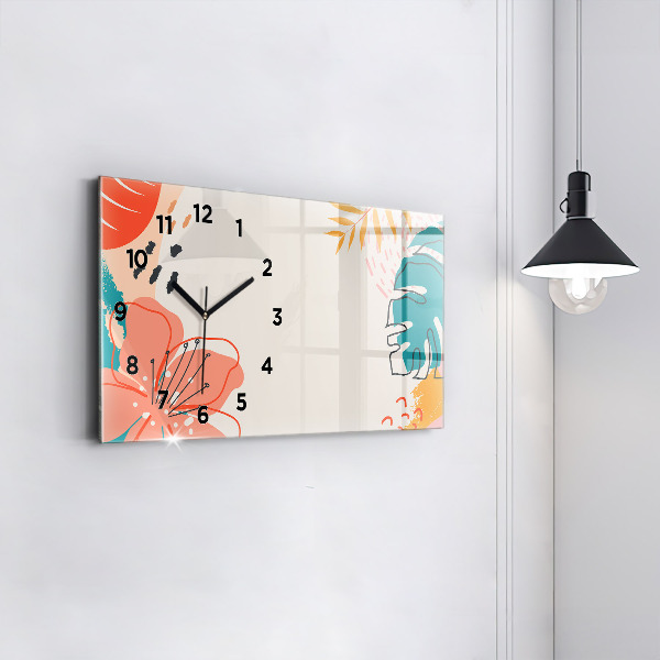 Glass wall clock rectangular Hawaiian plants