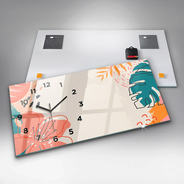Glass wall clock rectangular Hawaiian plants