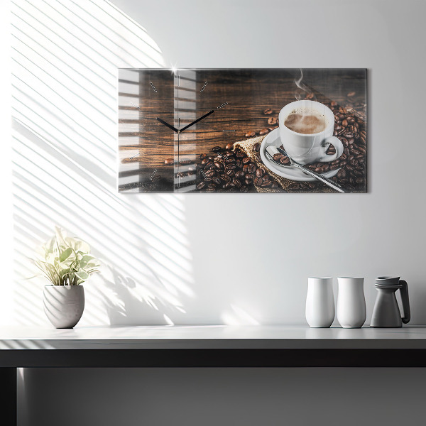 Glass wall clock rectangular Cup and coffee beans