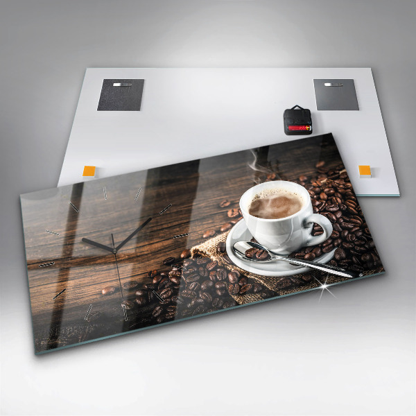 Glass wall clock rectangular Cup and coffee beans