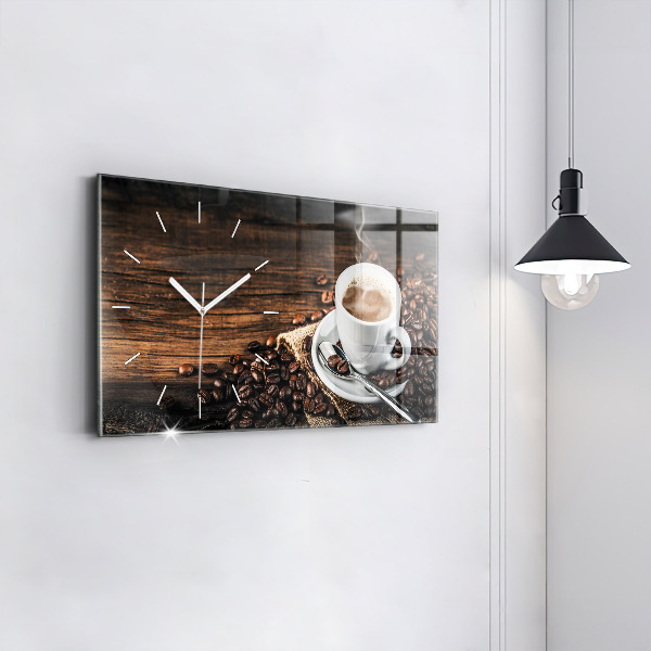 Glass wall clock rectangular Cup and coffee beans