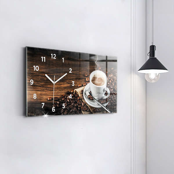 Glass wall clock rectangular Cup and coffee beans