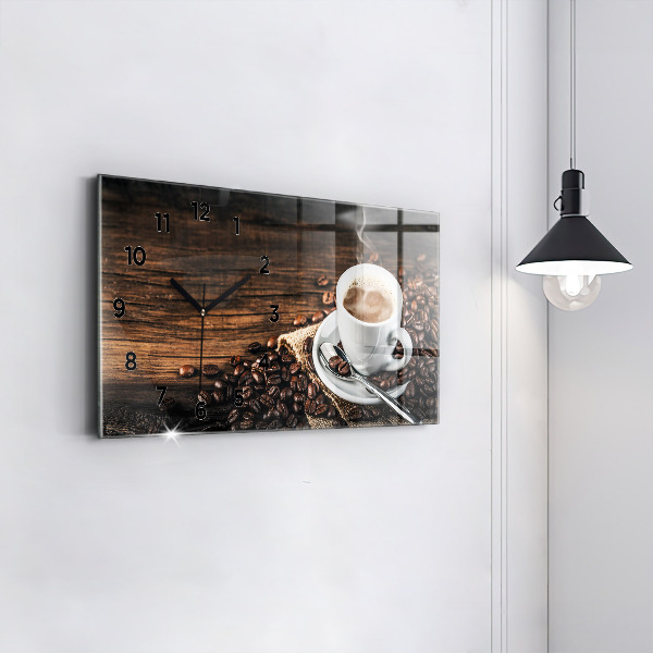 Glass wall clock rectangular Cup and coffee beans