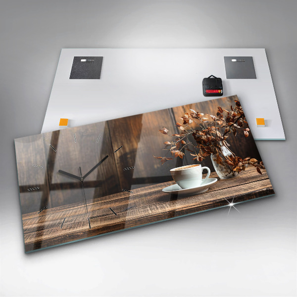 Glass wall clock rectangular A cup of coffee