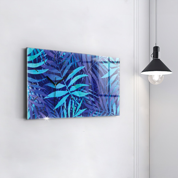 Glass wall clock rectangular Blue leaves
