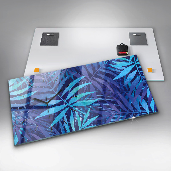 Glass wall clock rectangular Blue leaves