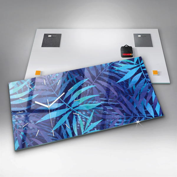 Glass wall clock rectangular Blue leaves