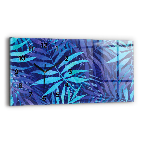 Glass wall clock rectangular Blue leaves