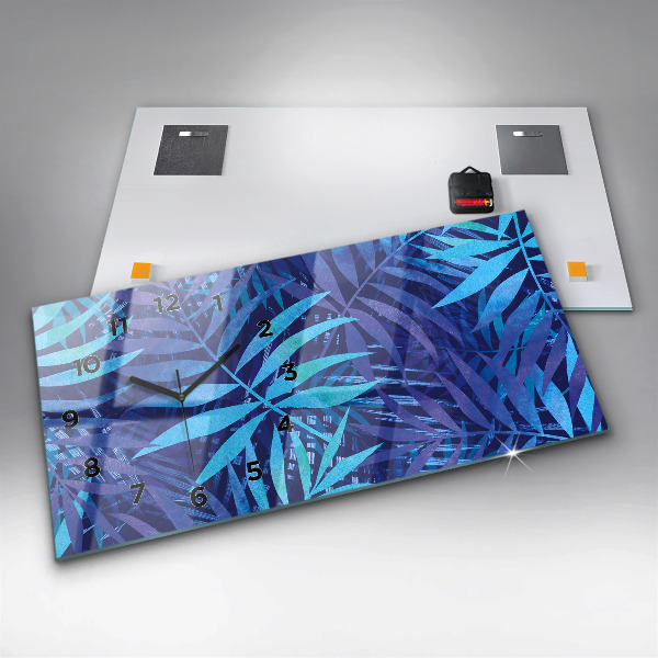 Glass wall clock rectangular Blue leaves