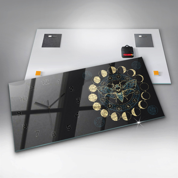 Glass wall clock rectangular Moon Phases and Insect