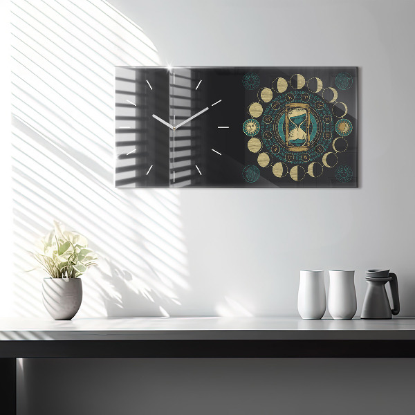 Glass wall clock rectangular Moon phases and hourglass