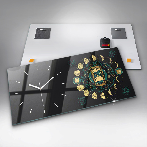 Glass wall clock rectangular Moon phases and hourglass