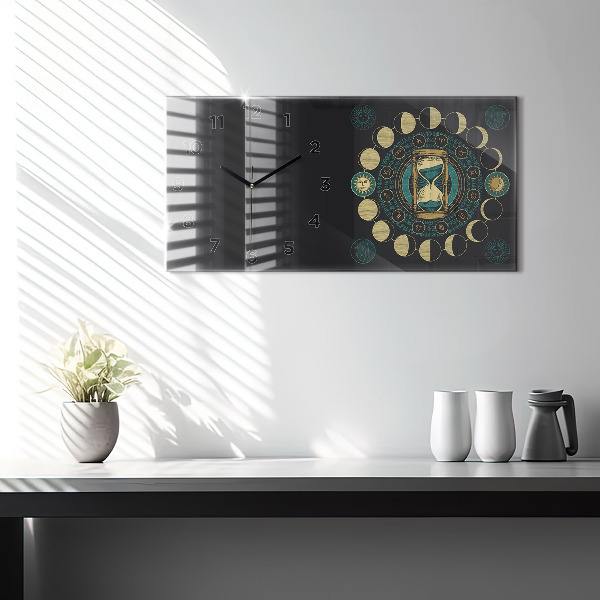 Glass wall clock rectangular Moon phases and hourglass