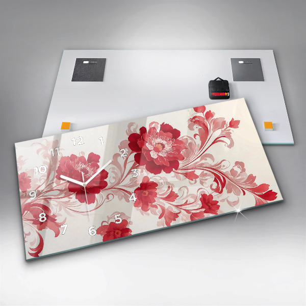 Glass wall clock rectangular Red flowers