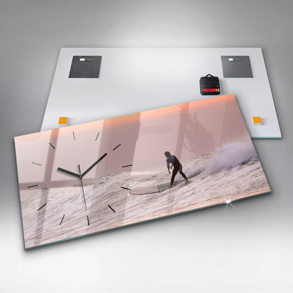 Glass wall clock rectangular Surfer in Hawaii