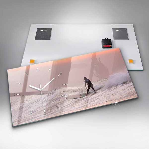 Glass wall clock rectangular Surfer in Hawaii