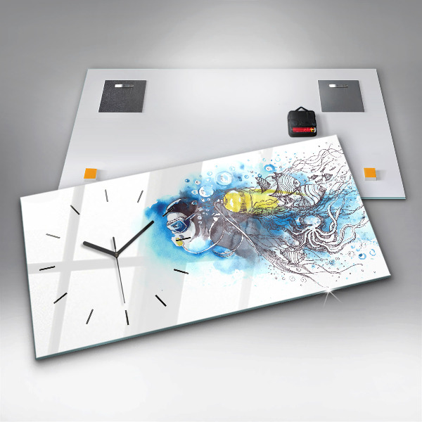 Glass wall clock rectangular Underwater fish life