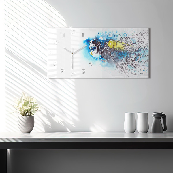 Glass wall clock rectangular Underwater fish life