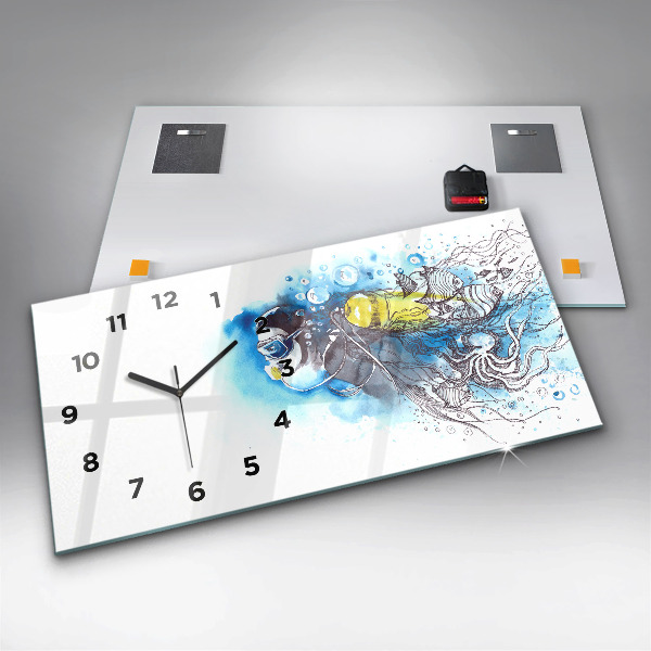 Glass wall clock rectangular Underwater fish life
