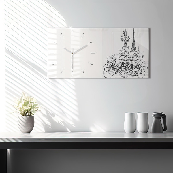 Glass wall clock rectangular Cycling race drawing
