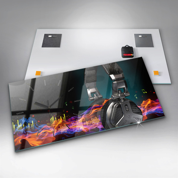 Glass wall clock rectangular Headphones and sound waves