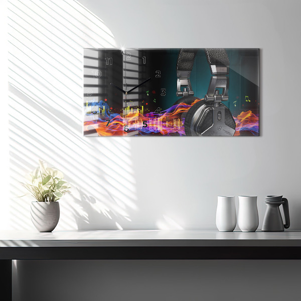 Glass wall clock rectangular Headphones and sound waves