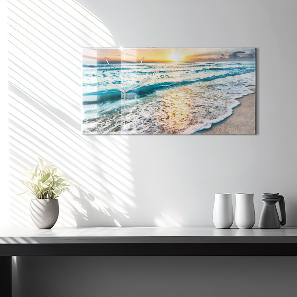 Glass wall clock rectangular Beach, sea and sand