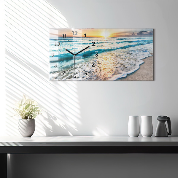 Glass wall clock rectangular Beach, sea and sand