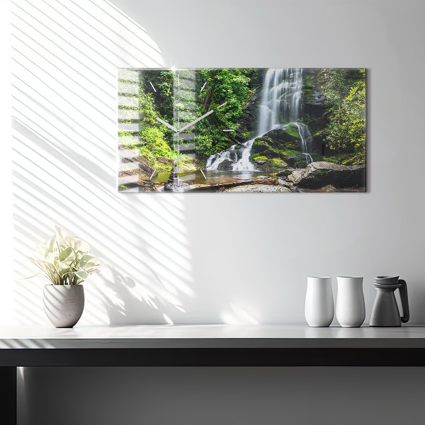 Glass wall clock rectangular Waterfall forest