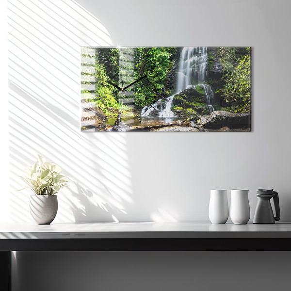 Glass wall clock rectangular Waterfall forest