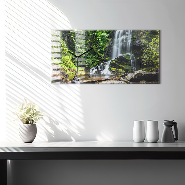 Glass wall clock rectangular Waterfall forest