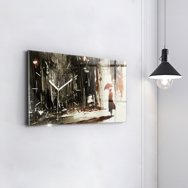 Glass wall clock rectangular Woman on a rainy night