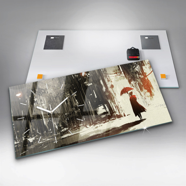 Glass wall clock rectangular Woman on a rainy night