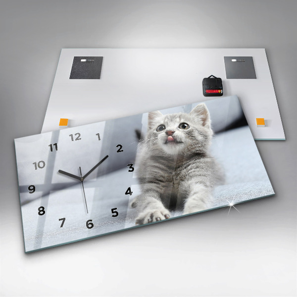 Glass wall clock rectangular Cat on the couch