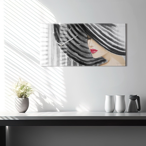 Glass wall clock rectangular Woman in Black and White