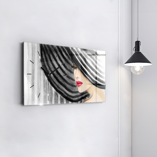 Glass wall clock rectangular Woman in Black and White