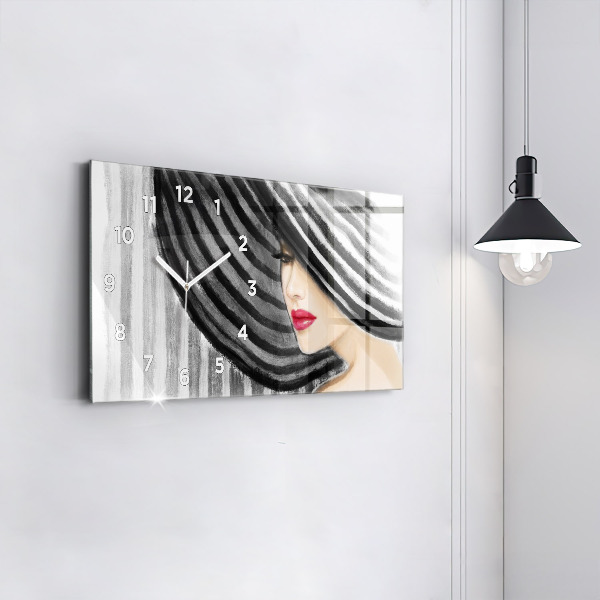 Glass wall clock rectangular Woman in Black and White