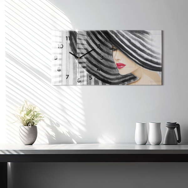 Glass wall clock rectangular Woman in Black and White