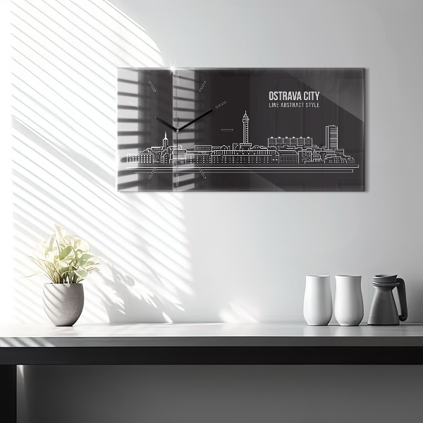 Glass wall clock rectangular City of Ostrava drawing