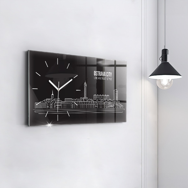 Glass wall clock rectangular City of Ostrava drawing