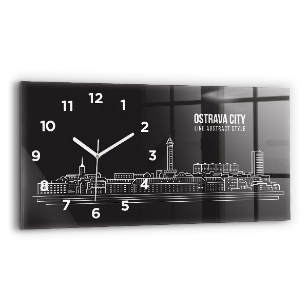 Glass wall clock rectangular City of Ostrava drawing