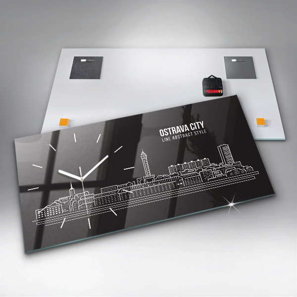 Glass wall clock rectangular City of Ostrava drawing
