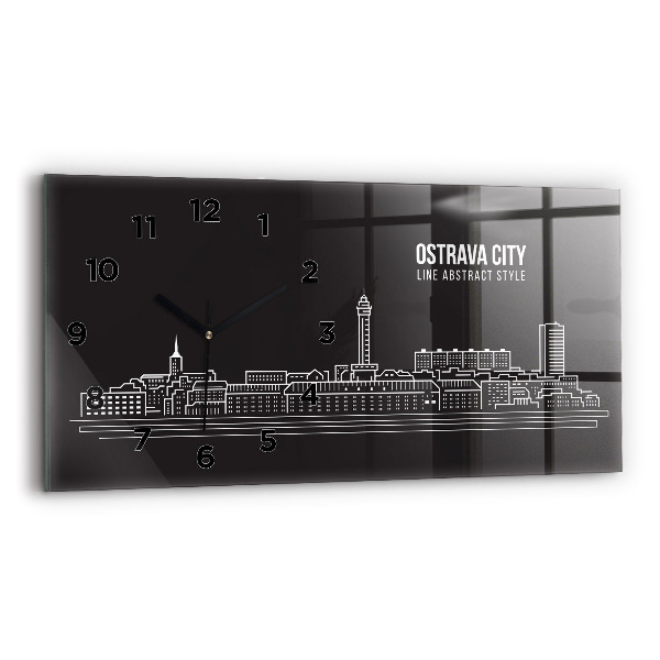 Glass wall clock rectangular City of Ostrava drawing