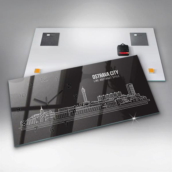 Glass wall clock rectangular City of Ostrava drawing